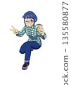 A girl with glasses making a V sign with a wild mushroom in her hand 135580877