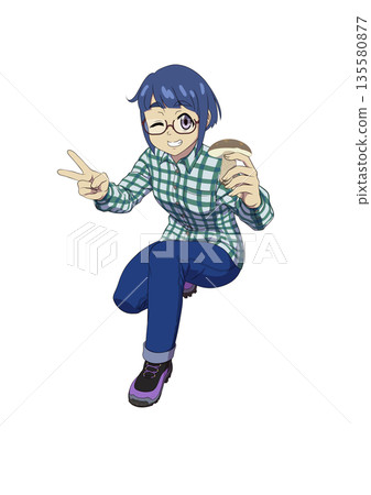 一個戴眼鏡的女孩手裡拿著一朵野菇,比出V字手勢。 一個戴眼鏡的女孩手裡拿著一朵野菇,比出V字手勢。 135580877