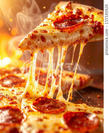 Lifted pepperoni pizza with stretchy cheese and a hot sizzle 135580926