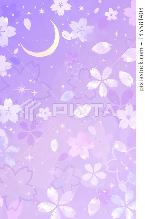 Hand-drawn background of cherry blossoms, crescent moon and starry sky_vertical Hand-drawn background of cherry blossoms, crescent moon and starry sky_vertical 135581403
