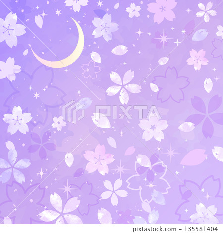 手繪櫻花、彎月和星空夜景背景_square 135581404