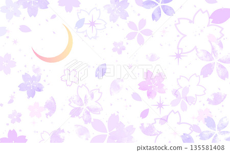 手繪插圖，描繪了櫻花、彎月和夜空中的繁星——無背景——橫幅 135581408