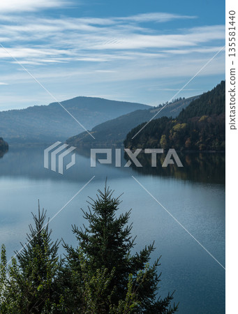 Peaceful Autumn Landscape Of Lake Izvorul Muntelui In Romanian Mountains 135581440