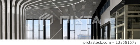 Modern architectural ceiling design with geometric pattern. Novosibirsk airport interior detail. Contemporary structure, abstract line art. Russia, Novosibirsk, Tolmachevo - January 20, 2026. Modern architectural ceiling design with geometric pattern. Novosibirsk airport interior detail. Contemporary structure, abstract line art. Russia, Novosibirsk, Tolmachevo - January 20, 2026. 135581572