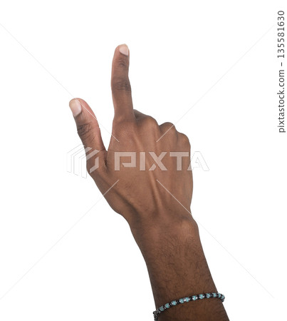 Finger touching and clicking in outstretched pose. Black skin male making tap or press gesture for Finger touching and clicking in outstretched pose. Black skin male making tap or press gesture for 135581630