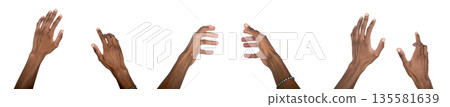 Hand and arm reaching out with outstretched fingers. Black skin male in virtual interaction pose Hand and arm reaching out with outstretched fingers. Black skin male in virtual interaction pose 135581639