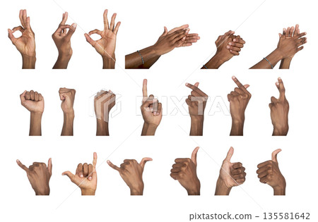 Hand gesture collection with thumb up, fist, and shaka signs. Black skin male making positive and 135581642