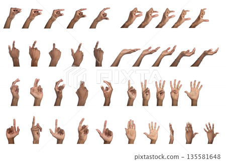 Hand gesture set with fingers pointing, counting, and touching. Black skin male making various 135581648