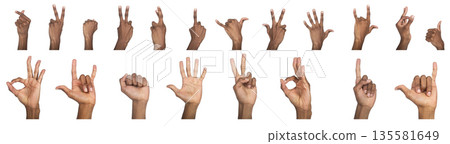 Hand gesture set with peace, ok, shaka, and rock signs. Black skin male making various expressive Hand gesture set with peace, ok, shaka, and rock signs. Black skin male making various expressive 135581649