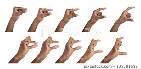 Hand hold gesture with thumb and index finger showing small and large sizes. Black skin male making 135581652