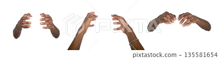 Hand holding invisible object between fingers in grasp gesture. Black skin male using both hands in 135581654