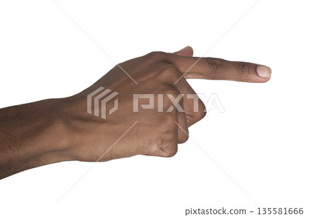 Hand pointing sideways with extended index finger in interactive pose. Black skin male making touch 135581666