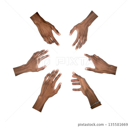 Hand reaching out in circular shape toward center symbolizing help and unity. Black skin male making 135581669
