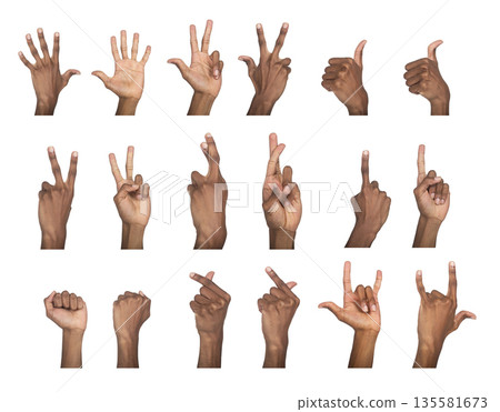 Hand sign collection with peace, thumbs up, heart, and fist poses. Black skin male making diverse Hand sign collection with peace, thumbs up, heart, and fist poses. Black skin male making diverse 135581673