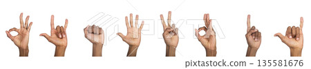 Hand sign set with ok, peace, rock, and shaka gestures. Black skin male making expressive signals Hand sign set with ok, peace, rock, and shaka gestures. Black skin male making expressive signals 135581676