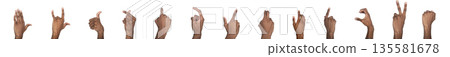 Hand sign set with thumb up, heart, and rock gestures. Black skin male making expressive finger 135581678