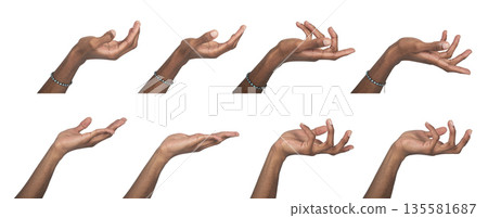 Hand with open cupped palm raised in presenting pose. Black skin male showing graceful gesture for Hand with open cupped palm raised in presenting pose. Black skin male showing graceful gesture for 135581687