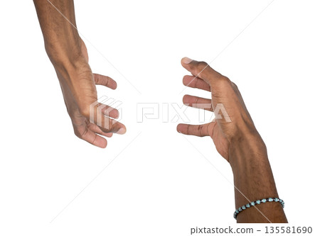 Hands held together in grasping pose with open palms and fingers curved. Black skin male making 135581690