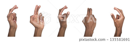 hands performing finger gestures with index and middle fingers together. Different angles showing 135581691
