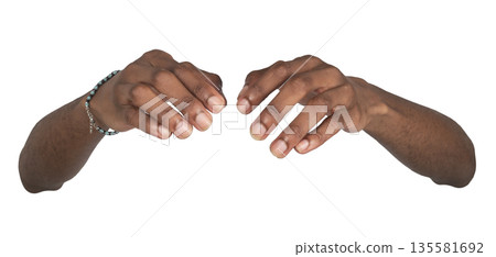 Hands reaching forward in protective pose symbolizing care and safety. Black skin male making 135581692