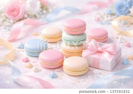 白色情人節的粉紅彩色馬卡龍和緞帶禮物 135581832