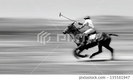Polo player swinging mallet on galloping horse, dynamic motion, outdoor sport, black and white, energetic action scene 135581947