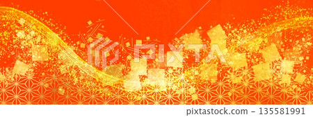 一幅大幅插圖,展現了日式繪畫風格的紋理,金箔、金粉和沙粒飄落在朱紅色背景上。 一幅大幅插圖,展現了日式繪畫風格的紋理,金箔、金粉和沙粒飄落在朱紅色背景上。 135581991