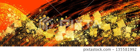 一幅大幅插圖,展現了日式繪畫風格的紋理,金箔、金粉和沙粒飄落在朱紅色背景上。 一幅大幅插圖,展現了日式繪畫風格的紋理,金箔、金粉和沙粒飄落在朱紅色背景上。 135581992