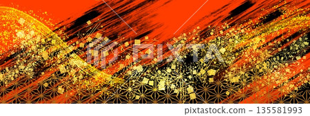 一幅大幅插圖,展現了日式繪畫風格的紋理,金箔、金粉和沙粒飄落在朱紅色背景上。 一幅大幅插圖,展現了日式繪畫風格的紋理,金箔、金粉和沙粒飄落在朱紅色背景上。 135581993