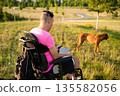 Man in a wheelchair browsing or working on a tablet while relaxing outdoors on a sunny day, dog stand next to him 135582056