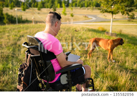 Man in a wheelchair browsing or working on a tablet while relaxing outdoors on a sunny day, dog stand next to him Man in a wheelchair browsing or working on a tablet while relaxing outdoors on a sunny day, dog stand next to him 135582056