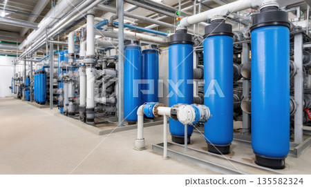 Industrial water treatment plant with blue filtration tanks, metal pipes, and modern equipment in clean, bright facility interior 135582324
