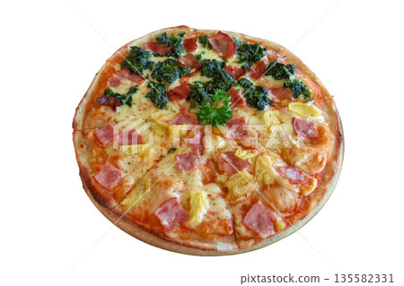 fresh pizza with half topping of spinach ham and pineapple ham fresh pizza with half topping of spinach ham and pineapple ham 135582331