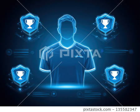 Digital athlete avatar with glowing blue outline, surrounded by trophy icons and futuristic interface, symbolizing achievement and competition 135582347