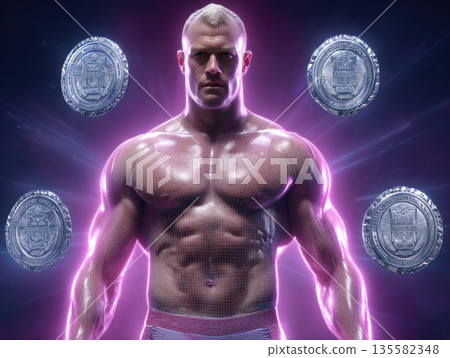 Muscular athlete with glowing aura stands confidently, surrounded by digital coins and futuristic light, expressing strength and determination 135582348