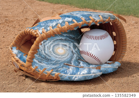 Baseball glove galaxy baseball surreal leather cosmic field imaginative creative fantasy unique outdoor sports universe spiral brown white blue 135582349