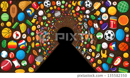 Colorful sports ball tunnel with vibrant icons basketball football tennis baseball volleyball and soccer create dynamic energetic pattern 135582350