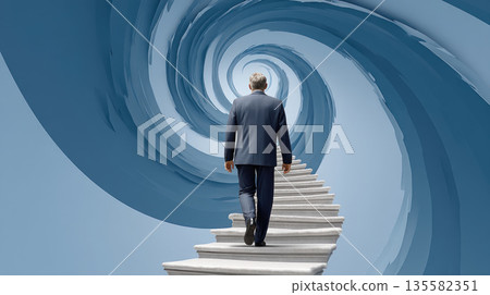 Businessman walking up spiral staircase toward abstract blue vortex, symbolizing ambition, challenge, and determination in surreal environment 135582351