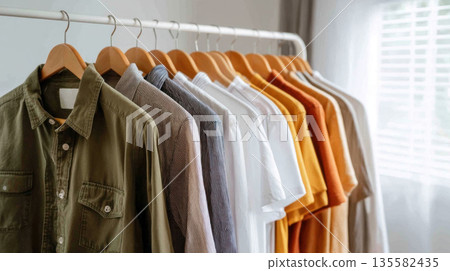 Natural fiber clothing rack with shirts in earth tones, white, and yellow, organized neatly in bright, minimal room 135582435