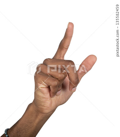 Finger pointing forward in click gesture, african hand reaching out to press invisible button in air Finger pointing forward in click gesture, african hand reaching out to press invisible button in air 135582459