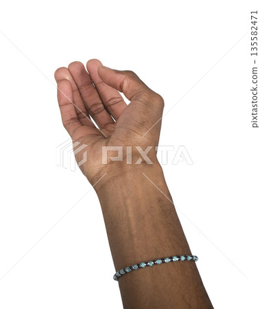 Right hand with cupped palm raised in front position. Black skin male wearing bracelet making Right hand with cupped palm raised in front position. Black skin male wearing bracelet making 135582471