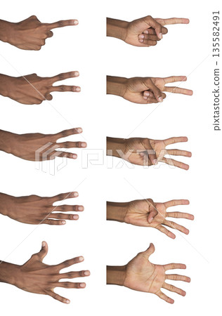 Counting hand gesture showing one to five fingers. Black skin male making numbering and maths sign Counting hand gesture showing one to five fingers. Black skin male making numbering and maths sign 135582491
