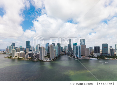 Aerial view of Brickell skyline in downtown Miami. Skyscrapers above Miami. Scenic panorama of Miamis financial district. Brickell in Miami city. Miami Urban landscape with buildings cityscape. 135582761