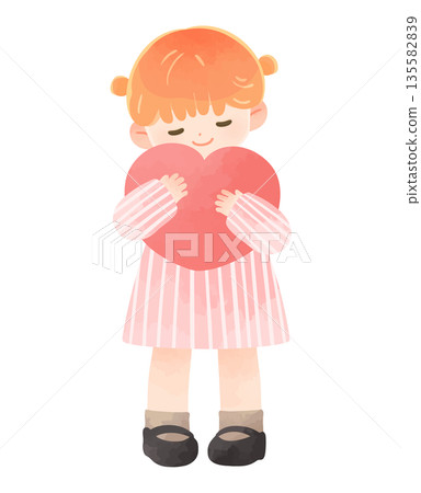 Smiling child hugging a heart, girl, no main lines 135582839