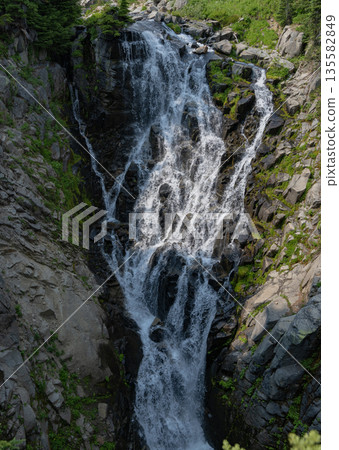 Mount Rainier national park mountain nature landscape. Waterfall landscape. Nature wildness travel. Waterfall travel destination. Picturesque waterfall. Myrtle falls waterfall route 135582849
