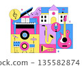 Music School Illustration Featuring Various Musical Instruments, Music Education Learning, And Performance Activities by Musicians and Singers 135582874