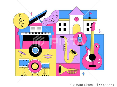 Music School Illustration Featuring Various Musical Instruments, Music Education Learning, And Performance Activities by Musicians and Singers 135582874