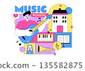 Music School Illustration Featuring Various Musical Instruments, Music Education Learning, And Performance Activities by Musicians and Singers 135582875