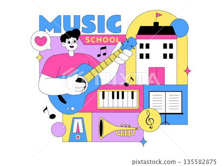 Music School Illustration Featuring Various Musical Instruments, Music Education Learning, And Performance Activities by Musicians and Singers Music School Illustration Featuring Various Musical Instruments, Music Education Learning, And Performance Activities by Musicians and Singers 135582875