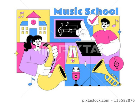 Music School Illustration Featuring Various Musical Instruments, Music Education Learning, And Performance Activities by Musicians and Singers Music School Illustration Featuring Various Musical Instruments, Music Education Learning, And Performance Activities by Musicians and Singers 135582876